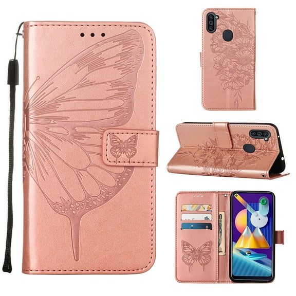 Galaxy A11 Phone Case, Dteck Embossed Butterfly Magnetic Flip PU Leather Wallet Foilo Case Stand Protective Cover with Hand Strap [Built-in card slots/money pocket] for Samsung Galaxy A11, Rosegold