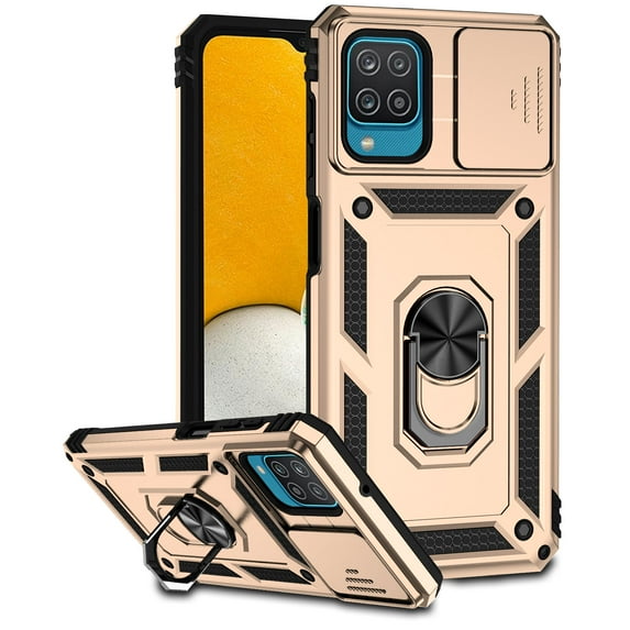 Galaxy A12 5G Kickstand Armor Case with Slide Camera Lens Protection Cover Built-in 360° Rotate Ring Holder Stand Magnetic Military Shockproof Phone Cover Case for Samsung Galaxy A12 5G,Gold