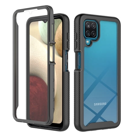 Galaxy A12 Case with Built in Screen Protector,Dteck Full-Body Shockproof Rubber Hybrid Protection Crystal Clear PC Back Protective Phone Case Cover for Samsung Galaxy A12,Black