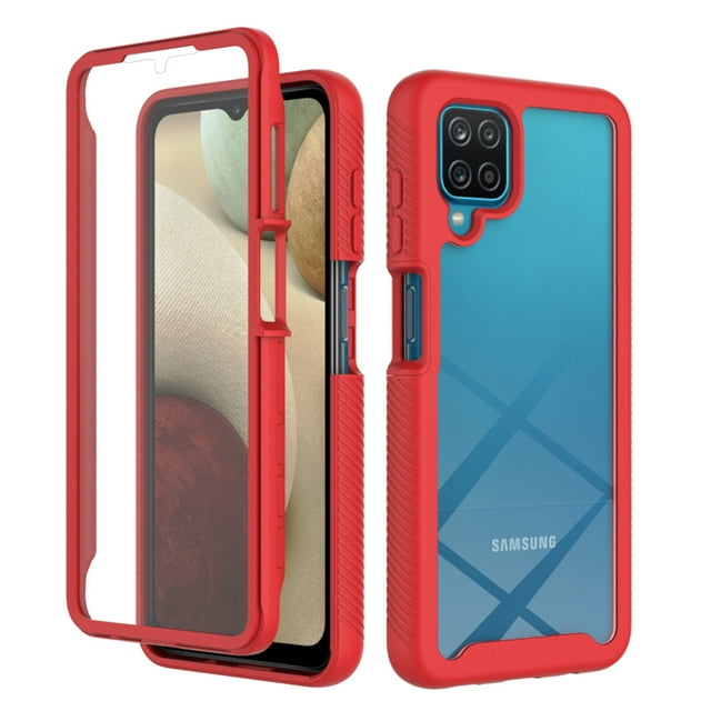 Galaxy A12 Case with Built in Screen Protector,Dteck Full-Body Shockproof Rubber Hybrid Protection Crystal Clear PC Back Protective Phone Case Cover for Samsung Galaxy A12,Red