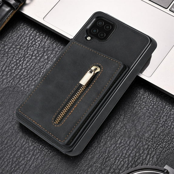 Galaxy A12 Case,Dteck Shockproof Leather Wallet Zipper Kickstand Case Hybrid Rubber Cover For Samsung Galaxy A12,Black