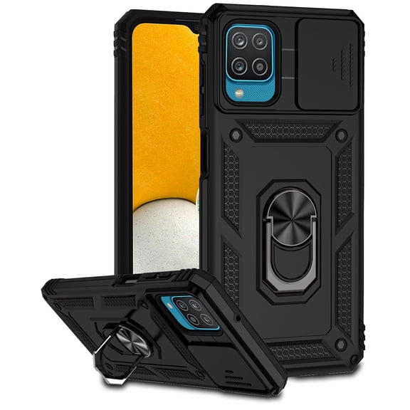 Galaxy A12 Case,Dteck Shockproof Rubber Rugged Case Hybrid Hard Ring Holder Kickstand Slide Camera Lens Protector Cover for Samsung Galaxy A12 6.5-inch,Black