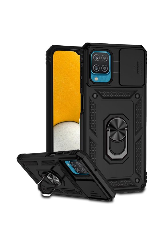 Galaxy A12 Case,Dteck Shockproof Rubber Rugged Case Hybrid Hard Ring Holder Kickstand Slide Camera Lens Protector Cover for Samsung Galaxy A12 6.5-inch,Black