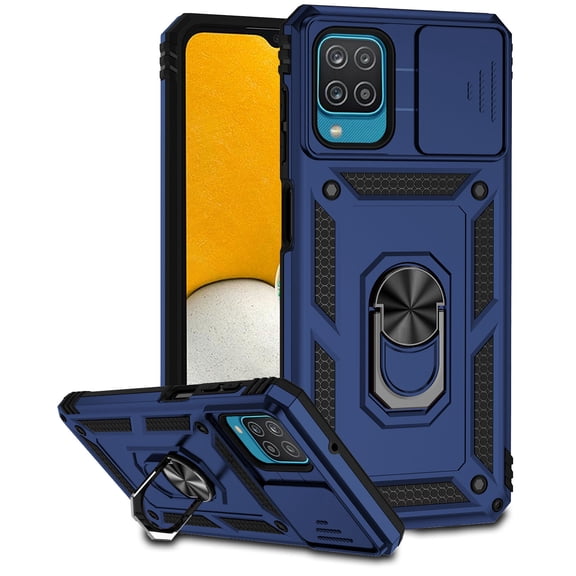 Galaxy A12 Case,Dteck Shockproof Rubber Rugged Case Hybrid Hard Ring Holder Kickstand Slide Camera Lens Protector Cover for Samsung Galaxy A12 6.5-inch,Blue