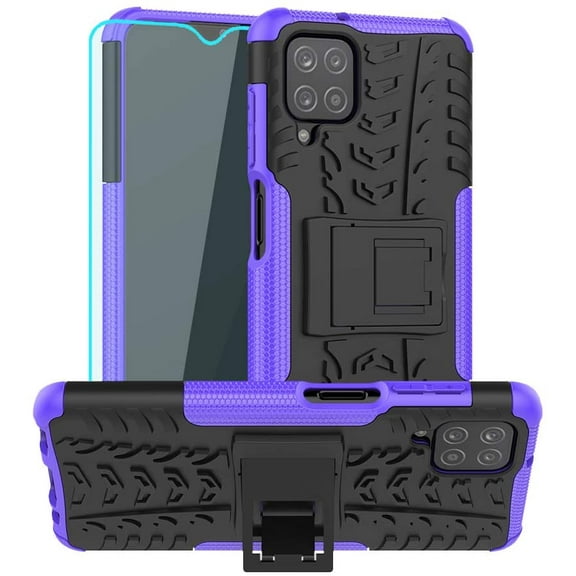 Galaxy A12 Case,Samsung A12 Case,with HD Screen Protector, [Shockproof] Tough Rugged Dual Layer Protective Case Hybrid Kickstand Cover for Samsung Galaxy A12 (Purple)