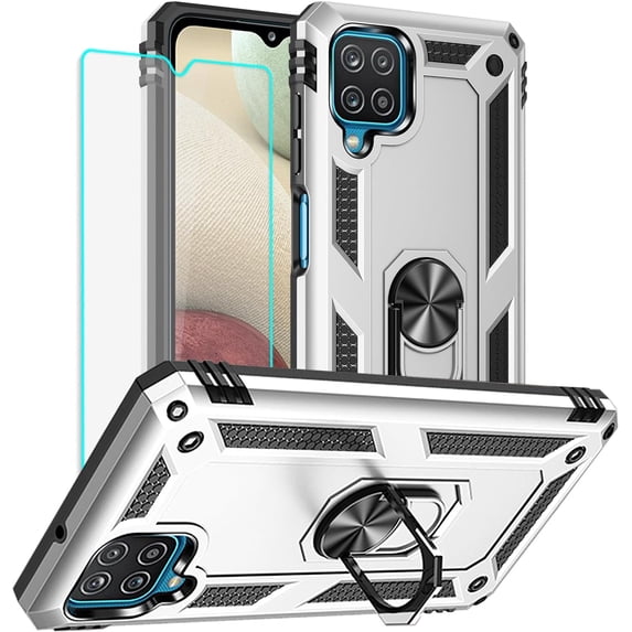 for Galaxy A12 Phone Case, Samsung A12 Phone Case with HD Screen Protector, Military Grade Protective Cases with Ring for Samsung Galaxy A12 (Silvery)