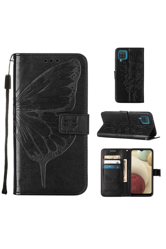 Galaxy A12 Wallet Case, Embossed Butterfly PU Leather Credit Card Holder Slots Full Body Protection Kickstand Flip Folio Shockproof TPU Phone Cover for Samsung Galaxy A12,Black