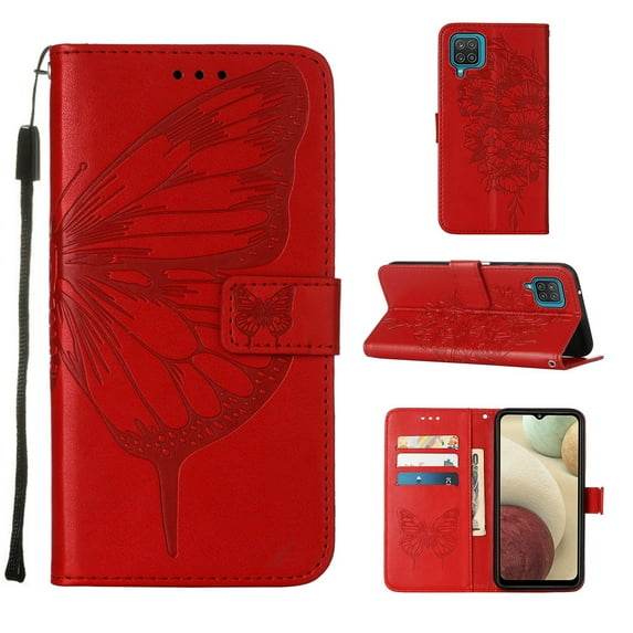 Galaxy A12 Wallet Case, Embossed Butterfly PU Leather Credit Card Holder Slots Full Body Protection Kickstand Flip Folio Shockproof TPU Phone Cover for Samsung Galaxy A12,Red