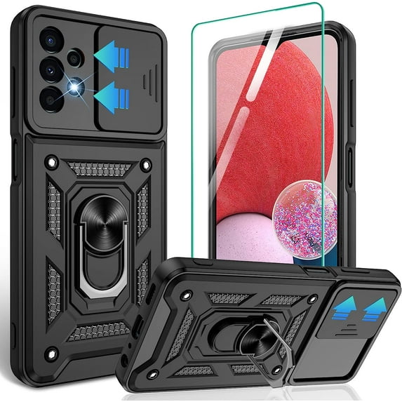 Galaxy A13 4G Case / A13 4G Lite Case, Samsung Galaxy A13 4G Case with HD Screen Protector, Heavy Duty Shockproof Phone Cover with Magnetic Kickstand Ring for Galaxy A13 4G, Black