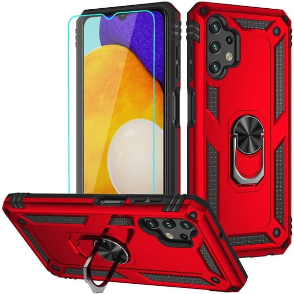 for Galaxy A13 4G Case, Samsung A13 4G Case with HD Screen Protector, Military-Grade Ring Holder Kickstand Car Mount 15ft Drop Tested Shockproof Cover Phone Case for Samsung Galaxy A13 4G, Red