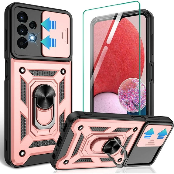 Galaxy A13 4G Cellular Phone Case, Heavy Duty Shockproof Rose Gold Cover with Magnetic Kickstand Ring, Sliding Camera Cover & HD Screen Protector