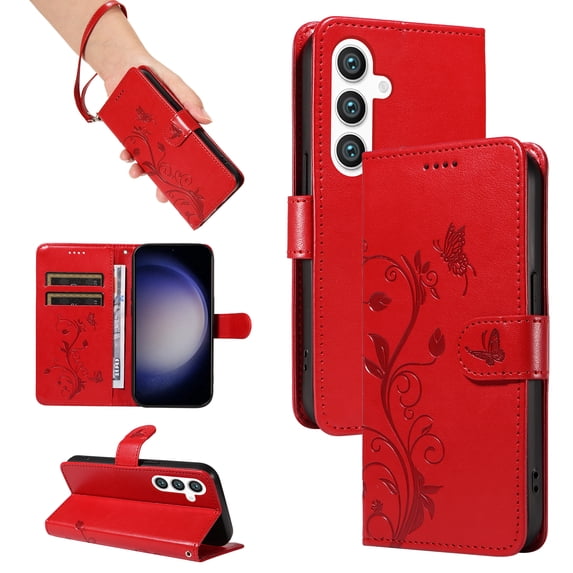 Galaxy A13 4G Wallet Case with Cards Slots & Hand Wrist, Allytech Premium PU Leather Floral Butterfly Flip Cover Stand Magnetic Closure Phone Case for Samssung Galaxy A13 4G - Red