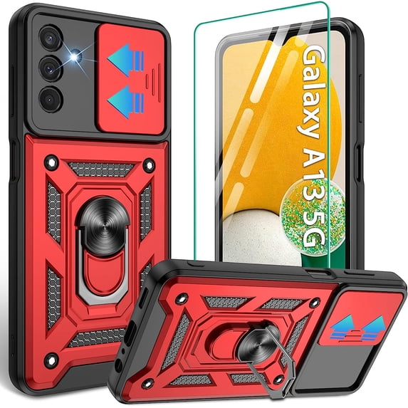 Galaxy A13 5G Case / A04S Case, Samsung Galaxy A13 5G Case with HD Screen Protector, Heavy Duty Shockproof Phone Cover with Magnetic Kickstand Ring for Galaxy A13 5G, Red
