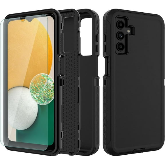for Galaxy A13-5G Phone Case, (NOT FIT 4G) Samsung A13 Case with Glass Screen Protector, Full-Body Strong Protection Shockproof Heavy Duty Android Cell Phone Case for Samsung Galaxy A13, Black