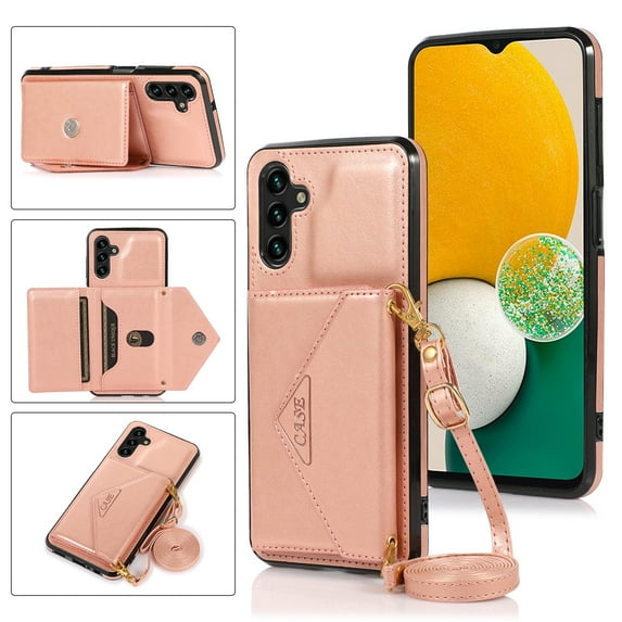 Galaxy A13 5G case,Dteck Magnetic Leather Wallet Shoulder Strap Kicsktand Case Sockproof Rubber Crossbody Strap Cover for Samsung Galaxy A13 5G,Rosegold