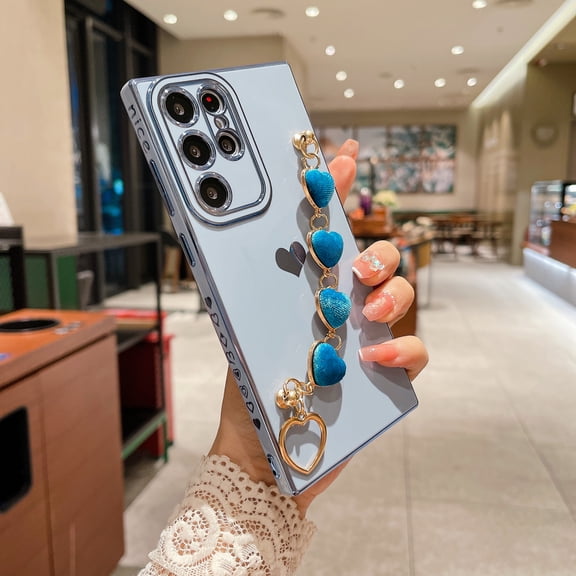 for Galaxy A14 5G Case Luxury Plating Soft TPU Slim Shockproof Back Case with Love Heart Chain Strap Cute Bumper Protective Phone Cover for Women Grils For Samsung Galaxy A14 5G, Blue