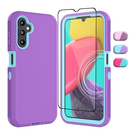 Galaxy A14 5G Case, Tekcoo Sturdy Phone case: Three- Layer Shockproof Military Heavy Duty Full Body Case Cover With HD Glass Screen Protector for Samsung Galaxy A14 5G 6.6 INCH - Purple