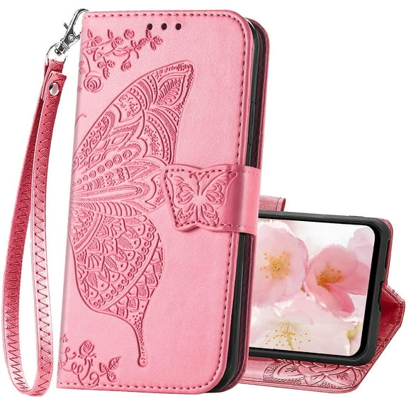 for Galaxy A14 5G Phone Case Wallet,Women Flip Cover with Credit Card Holders Butterfly Embossed PU Leather Kickstand Wrist Strap Purse Case for Samsung A14 5G 6.6 inch (Pink)
