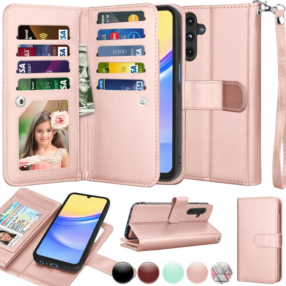 Galaxy A15 5G 6.5" Case, Samsung A15 5G Wallet Magnetic Detachable with 9 Card Holder for Women Men, Luxury Leather Wristlet Strap Carrying Folio Flip Cover for Samsung Galaxy A15 5G, Pink