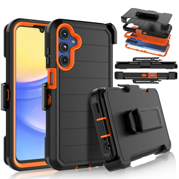 Galaxy A15 5G Case,Takfox Samsung Galaxy A15 5G Holster Phone Case with Built-in Screen Protector Swivel Belt Clip [3 Layers] Heavy Duty Full Body Protection Shockproof Kickstand Cover - Black/Orange