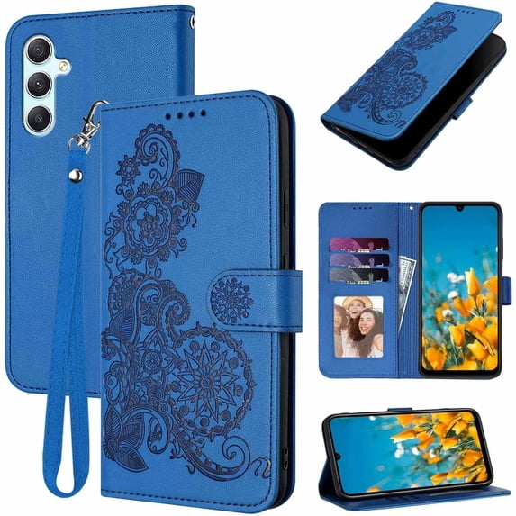 for Galaxy A15 5G Phone Case Wallet,A15 5G Flip Cases,Card Holder Cute Floral Leather Kickstand,Wrist Strap,,Shockproof Protective Cover for Samsung Galaxy A15 5G / 4G (Blue)
