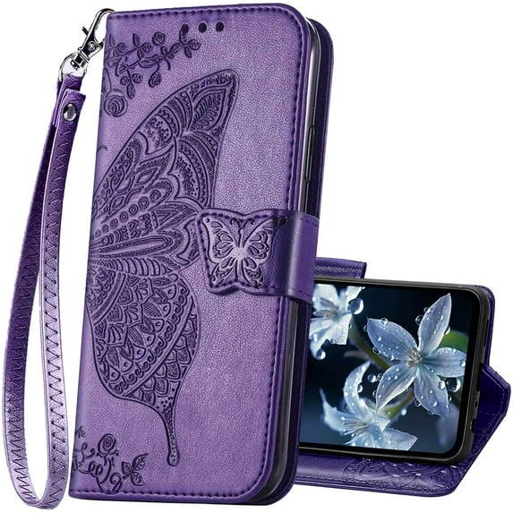 for Galaxy A15 5G Phone Case Wallet,Women Flip Cover with Credit Card Holders Butterfly Embossed PU Leather Kickstand Wrist Strap Purse Case for Samsung A15 5G (Purple)