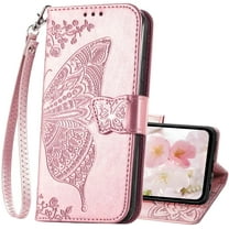 for Galaxy A15 5G Phone Case Wallet,Women Flip Cover with Credit Card Holders Butterfly Embossed PU Leather Kickstand Wrist Strap Purse Case for Samsung A15 5G (Rose Gold)