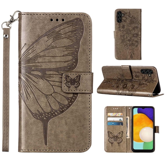 Galaxy A15 Case, Magnetic Folio Butterfly Patterned Wallet Case, Premium PU Leather with Wrist Strap Credit Card Holder Slots Kickstand Protective Cover For Samsung Galaxy A15, Gray