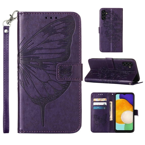Galaxy A15 Case, Magnetic Folio Butterfly Patterned Wallet Case, Premium PU Leather with Wrist Strap Credit Card Holder Slots Kickstand Protective Cover For Samsung Galaxy A15, Purple
