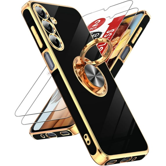 for Galaxy A16-5G Phone Case: 2 Pack Tempered Glass Screen Protector and 360° Rotatable Ring Holder Magnetic Kickstand, Plating Rose Gold Edge para Samsung A 16 5G, Black