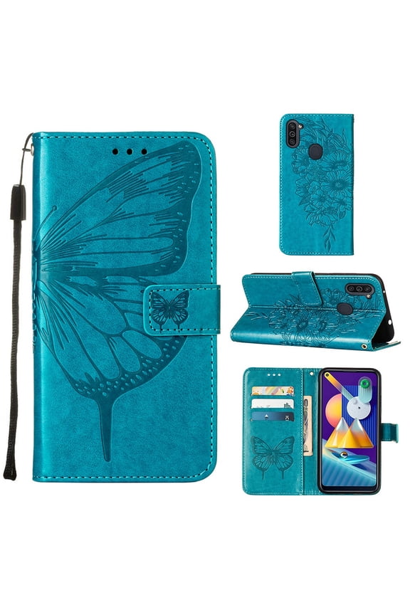 Galaxy A20 Case,Galaxy A30 Wallet Case,Embossed Butterfly PU Leather Credit Card Holder Slots Full Body Protection Kickstand Flip Shockproof TPU Phone Cover for Samsung Galaxy A30/A20,Blue