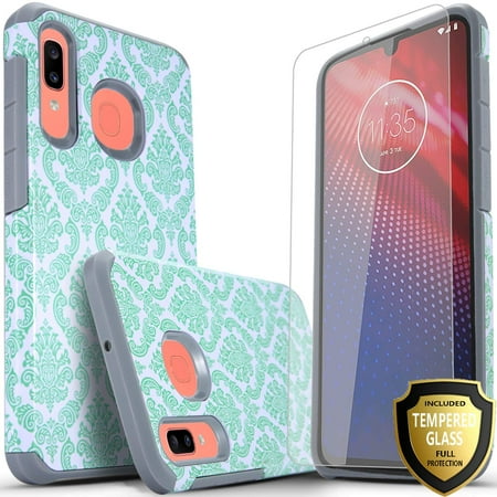 Galaxy A20 Case, With [Tempered Glass Screen Protector Included], STARSHOP Drop Protection Dual Layers Phone Cover - Teal Lace