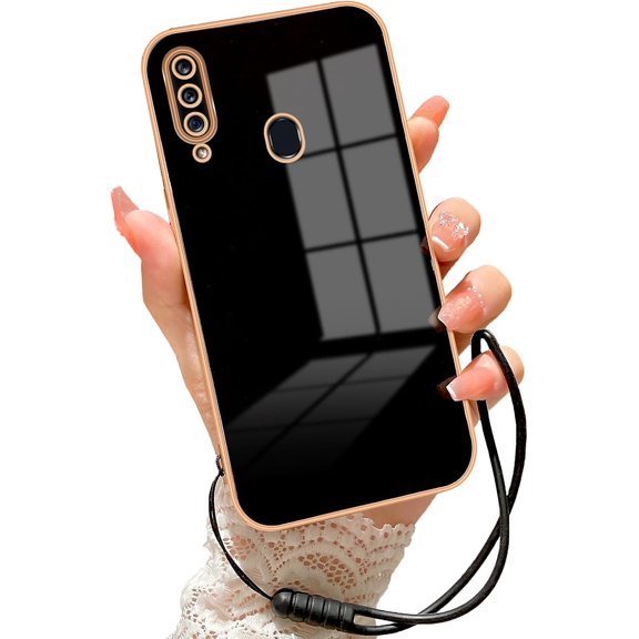 for Galaxy A20S Case for Women Electroplating Luxury Bling Aesthetic Trendy Pretty, Full Camera Soft TPU Protection Shockproof Cover for Samsung Galaxy A20S (Black)