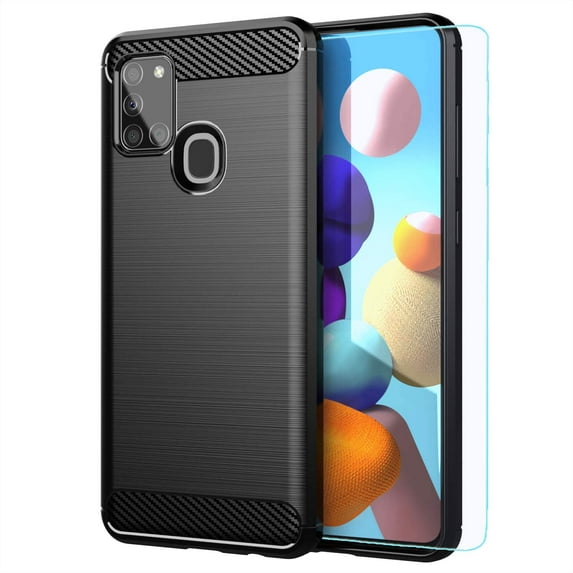 Galaxy A21S case,Samsung A21S case,with HD Screen Protector, Soft TPU Slim Fashion Non-Slip Protective Phone Case Cover for Samsung Galaxy A21S(Black Brushed TPU)