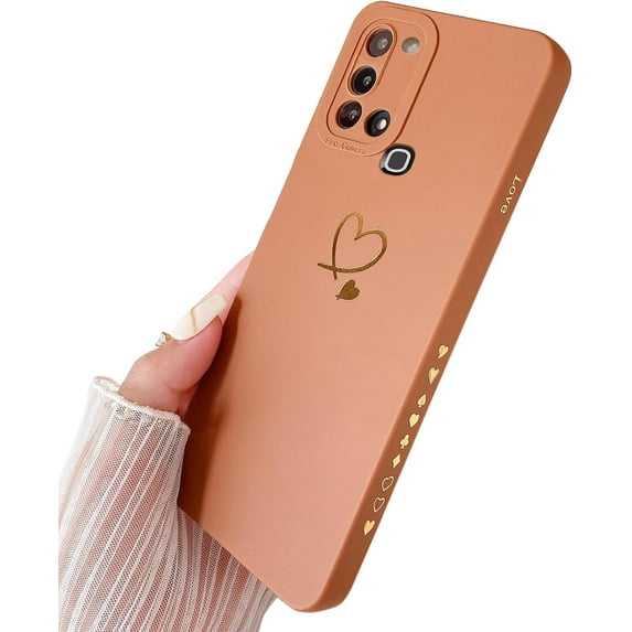 for Galaxy A21s Case 6.5"(Not fit A21/S21), Cute Bling Plated Gold Love Heart with Anti-Fall Camera Lens Cover Protection Soft Anti-Fingerprint Anti-Dust Phone Case for Galaxy A21S - Brown