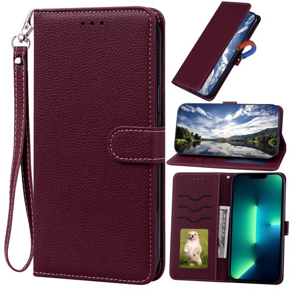 for Galaxy A22 5G 6.6 Inch Case, Samsung A22 5G Wallet Case, PU Leather Wrist Strap Card Slots Soft TPU Shockproof Protective Flip Folio Cover Phone Case for Samsung Galaxy A22 5G,Winered