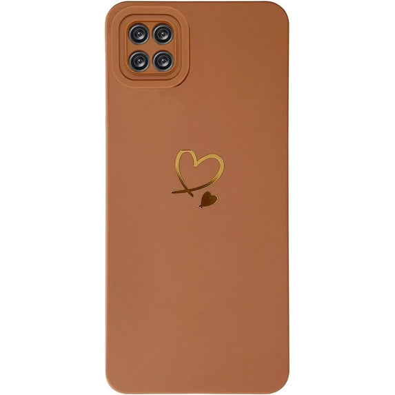 for Galaxy A22 Case 5G(6.6" 2021),Cute Bling Plated Gold Love Heart with Anti-Fall Camera Lens Cover Protection Soft Anti-Fingerprint Anti-Dust Phone Case for Samsung Galaxy A22 5G - Brown