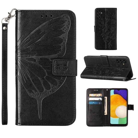 Galaxy A24 4G Case, Magnetic Folio Butterfly Patterned Wallet Case, Premium PU Leather with Wrist Strap Credit Card Holder Slots Kickstand Protective Cover For Samsung Galaxy A24 4G, Black