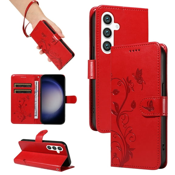 Galaxy A24 Wallet Case with Cards Slots & Hand Wrist, Allytech Premium PU Leather Floral Butterfly Flip Cover Stand Magnetic Closure Phone Case for Samssung Galaxy A24 - Red