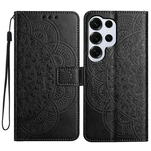 For Galaxy A25 5G Folio Wallet Case with Wrist Strap, Embossed Sunflower Pattern, Lightweight Protective PU Leather Phone Case with Credit Card/Cash Slots, Magnetic Closure, Black