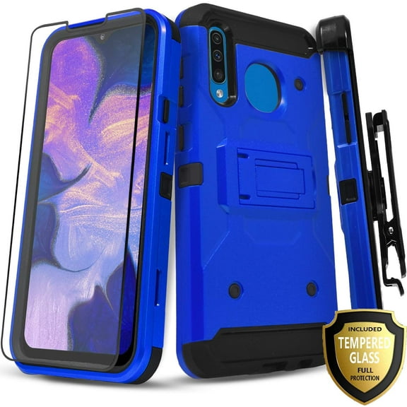 Galaxy A30 Case, With [Tempered Glass Screen Protector Included], STARSHOP Full Cover Heavy Duty Dual Layers Phone Cover with Kickstand and Locking Belt Clip-Blue
