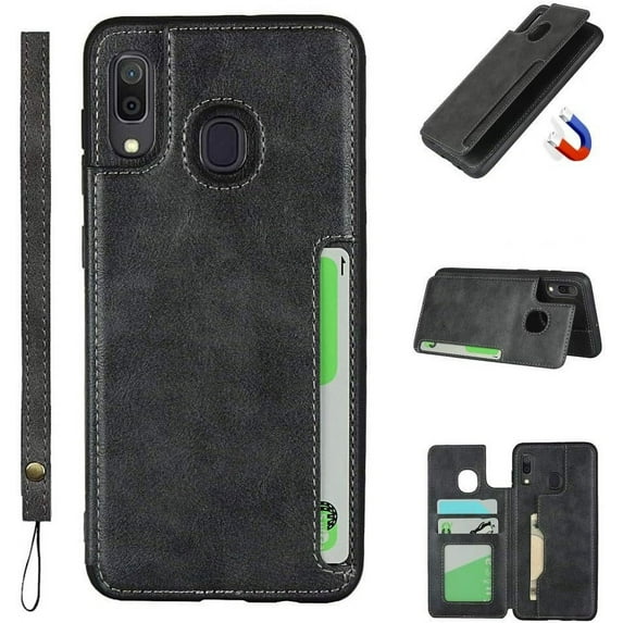 Galaxy A30 Luxury PU Leather Case,Credit Card Holder,Cash Slots,Stand Function Soft TPU Back Wallet Case Flip Wrist Strap Multi-Function Durable Case for Samsung Galaxy A30 A20 6.4",Black