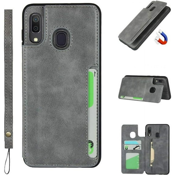 Galaxy A30 Luxury PU Leather Case,Credit Card Holder,Cash Slots,Stand Function Soft TPU Back Wallet Case Flip Wrist Strap Multi-Function Durable Case for Samsung Galaxy A30 A20 6.4",Gray