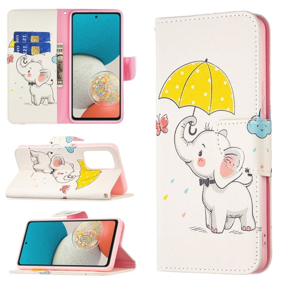Galaxy A32 5G Case Cute Embossed Pattern Premium Leather Wallet Cover Flip Stand Credit Card Slots Pocket Holder Magnetic Closure Folio Case for Samsung Galaxy A32 5G, Umbrella Elephant