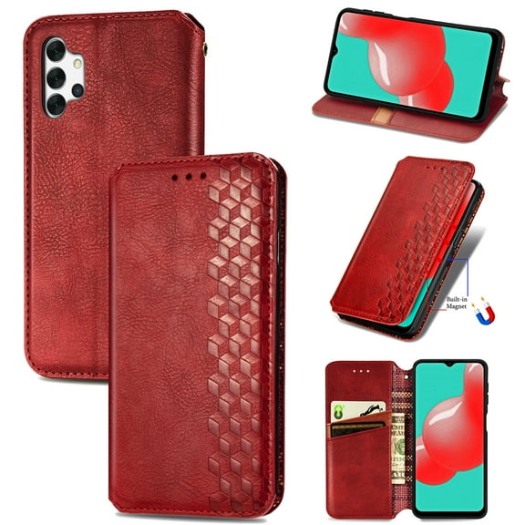 Galaxy A32 5G Case, Premium PU Leather TPU Wallet Cover with Card Holder Kickstand Hidden Magnetic Adsorption Shockproof Flip Folio Cell Phone Protective Case for Samsung Galaxy A32 5G,Red
