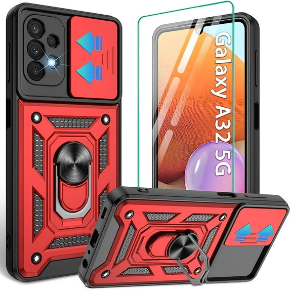 Galaxy A32 5G Case, Samsung Galaxy A32 5G Case with HD Screen Protector, Heavy Duty Shockproof Phone Cover with Magnetic Kickstand Ring for Galaxy A32 5G, Red