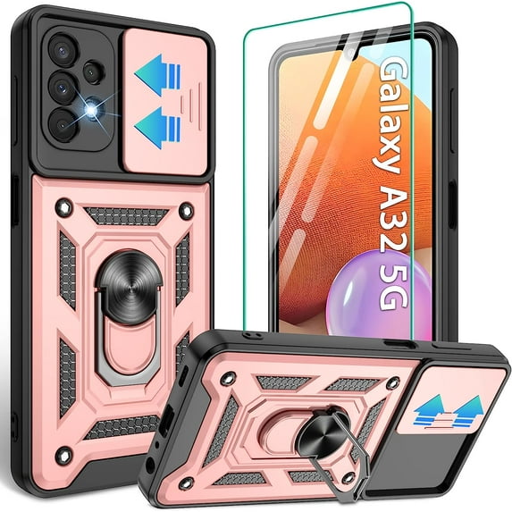 Galaxy A32 5G Case, Samsung Galaxy A32 5G Case with HD Screen Protector, Heavy Duty Shockproof Phone Cover with Magnetic Kickstand Ring for Galaxy A32 5G, Rose Gold
