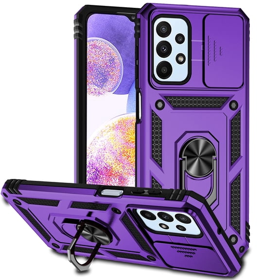 Galaxy A32 5G Kickstand Armor Case with Slide Camera Lens Protection Cover Built-in 360° Rotate Ring Holder Stand Magnetic Military Shockproof Phone Cover Case for Samsung Galaxy A32 5G, Purple