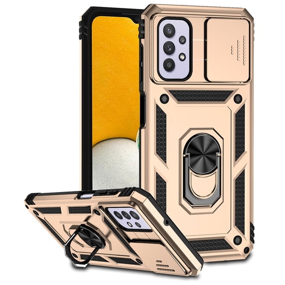 Galaxy A32 5G Kickstand Armor Case with Slide Camera Lens Protection Cover Built-in 360° Rotate Ring Holder Stand Magnetic Military Shockproof Phone Cover Case for Samsung Galaxy A32 5G,
Gold