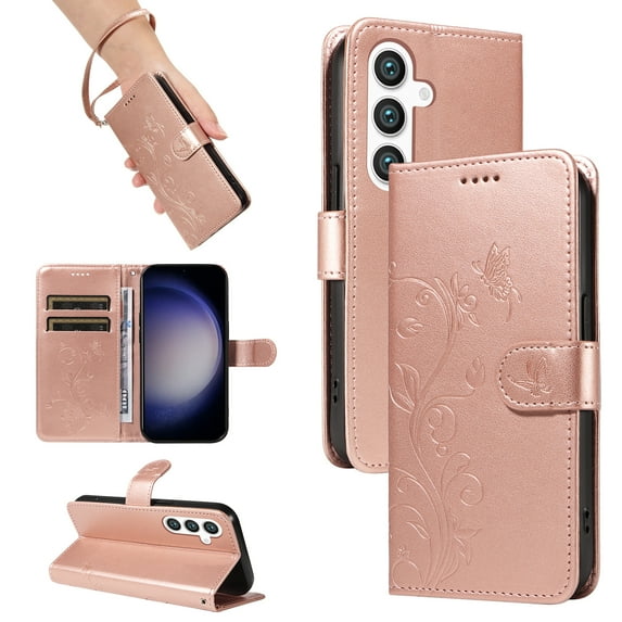 Galaxy A32 5G Wallet Case with Cards Slots & Hand Wrist, Allytech Premium PU Leather Floral Butterfly Flip Cover Stand Magnetic Closure Phone Case for Samssung Galaxy A32 5G - Rosegold